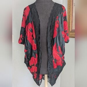Vintage Satin Dark Floral Bed Jacket Duster